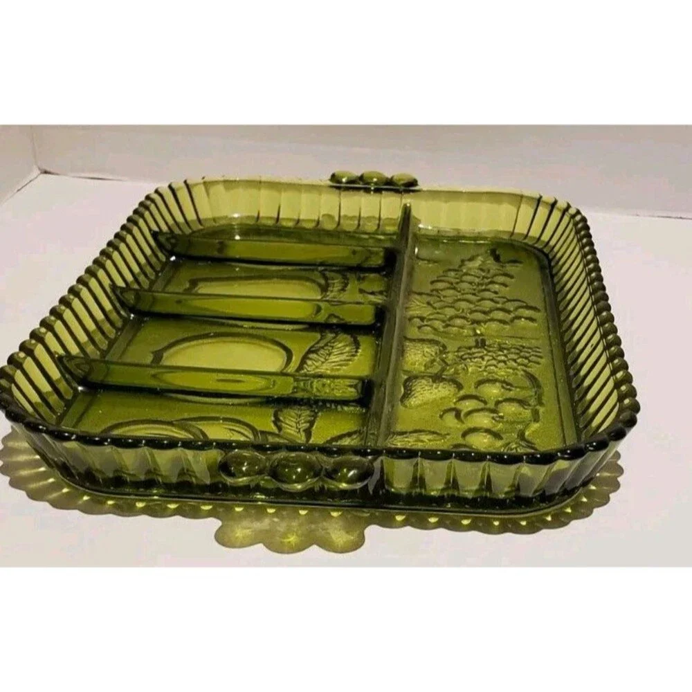 Green Indiana Glass Divided Serving Rectangular Tray 5 Compartments Fruits Vtg